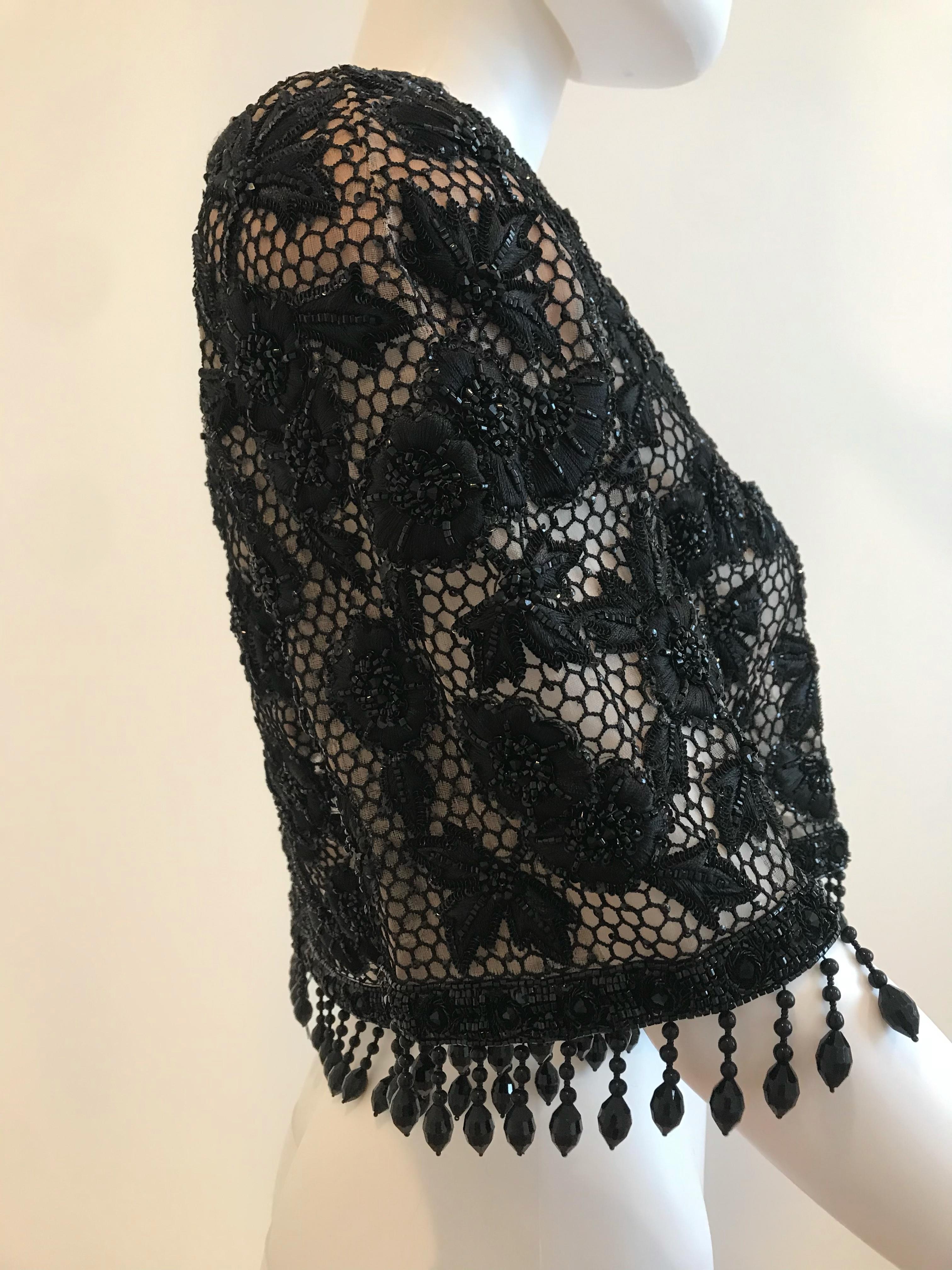 Women's Oscar De La Renta Black Beaded and Embroidered Cropped Evening Bolero For Sale