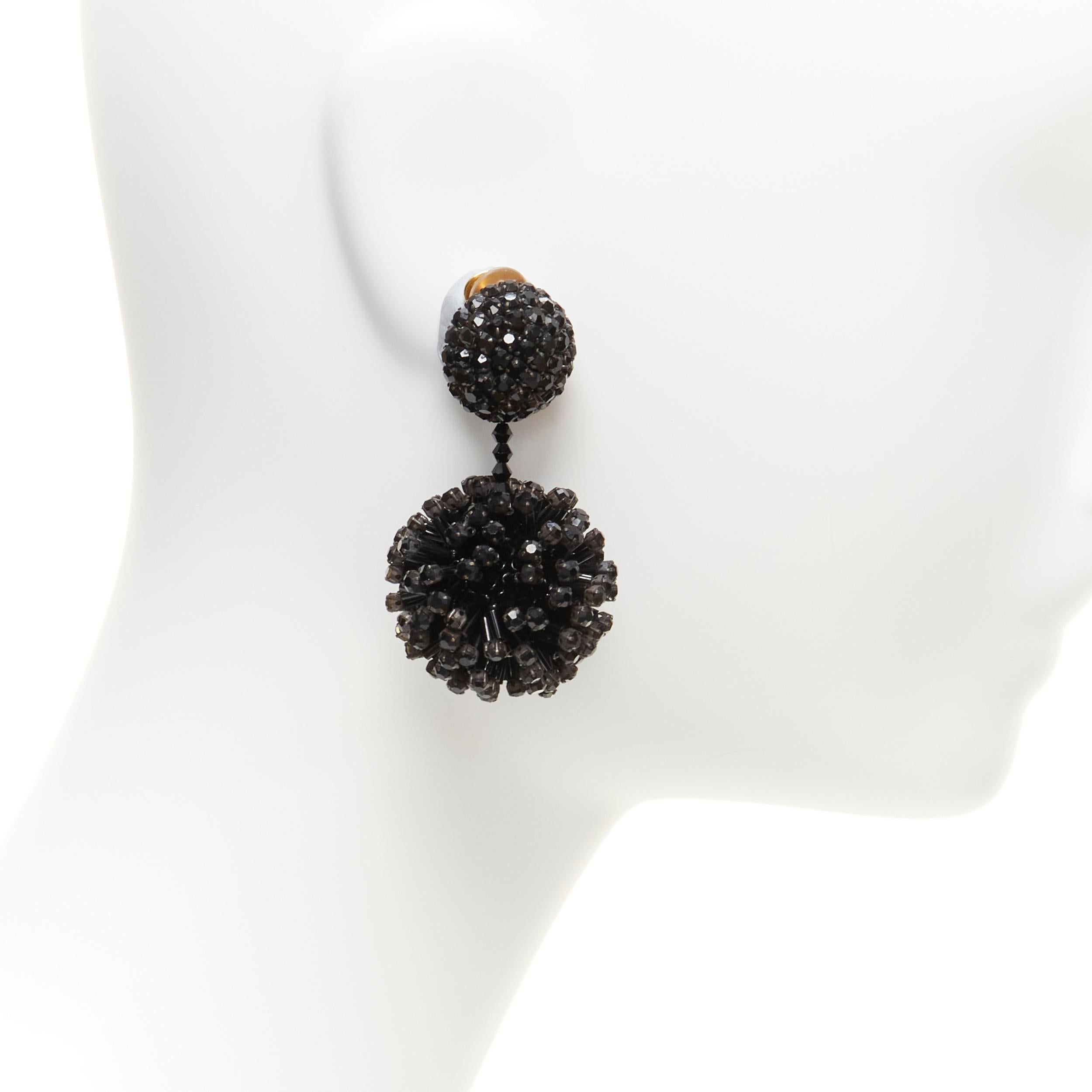 Women's OSCAR DE LA RENTA black beaded crystal double ball drop clip on earrings
