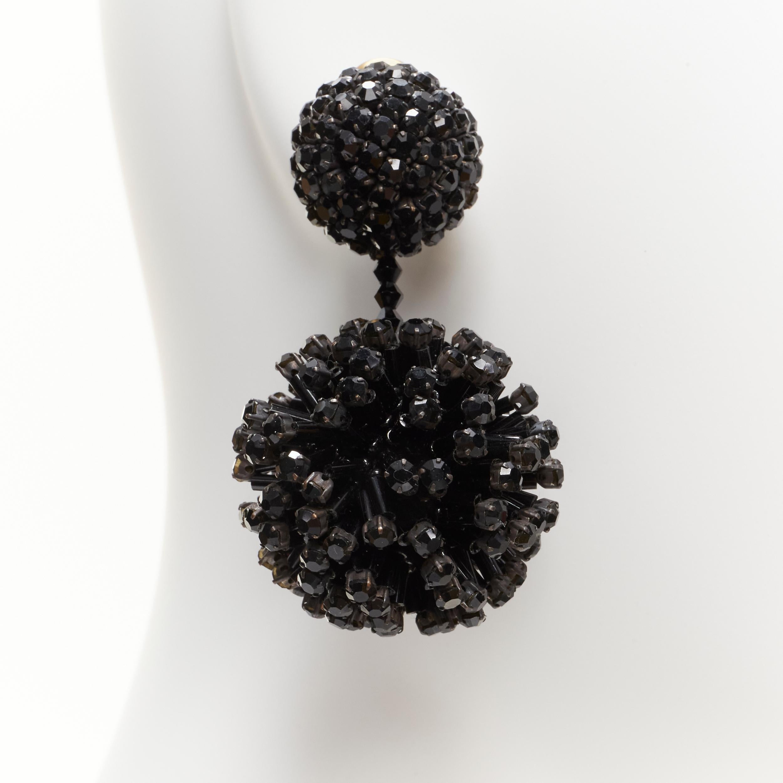 OSCAR DE LA RENTA black beaded crystal double ball drop clip on earrings 1