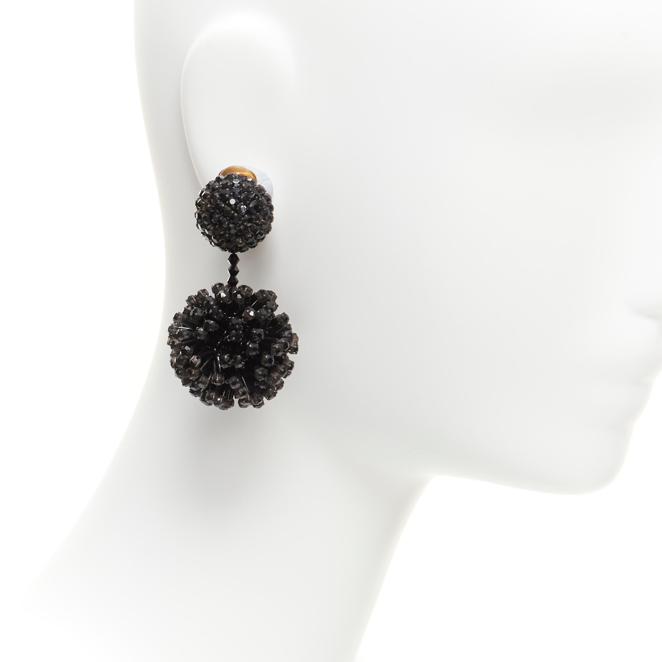 OSCAR DE LA RENTA black beaded crystal double ball drop clip on earrings 4