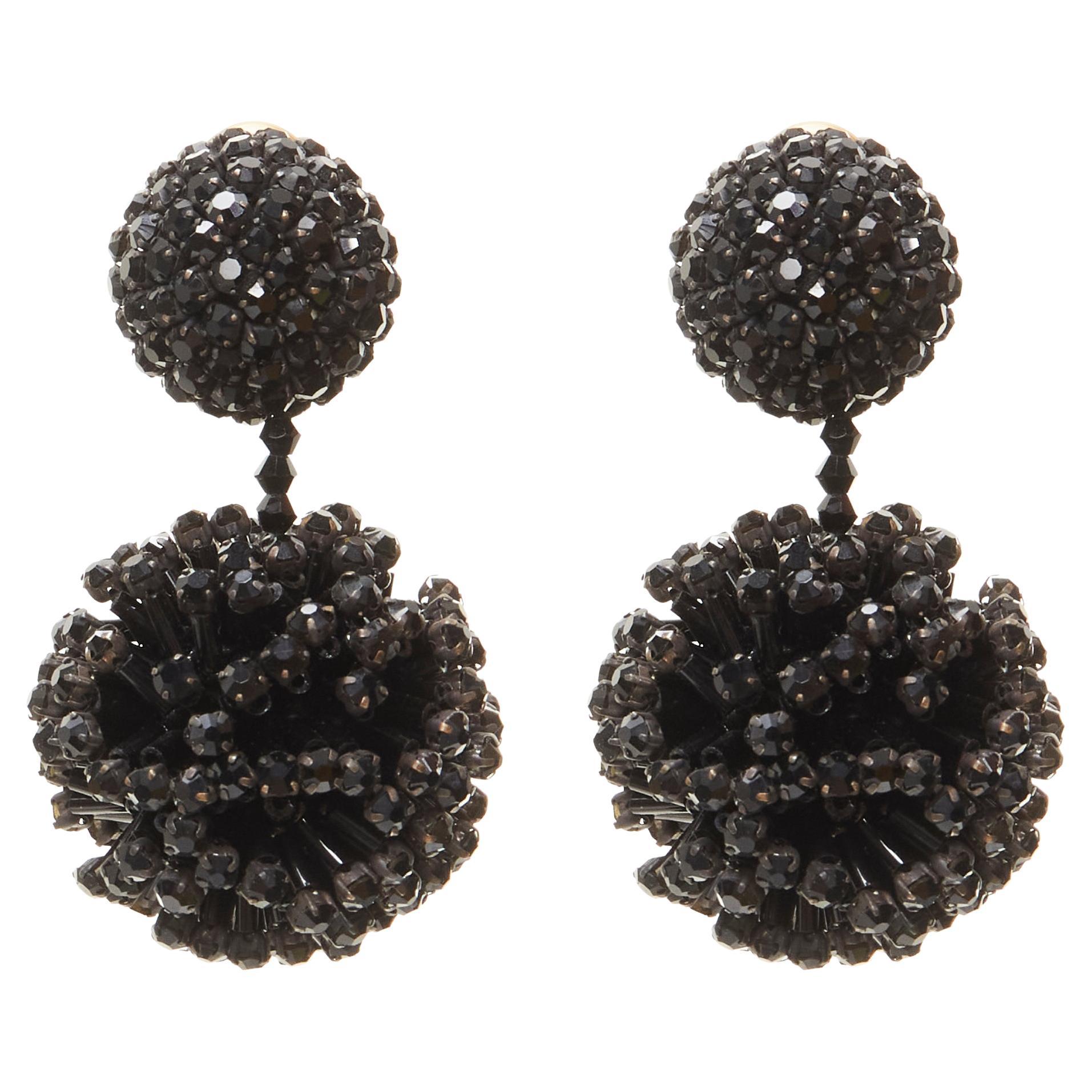 OSCAR DE LA RENTA black beaded crystal double ball drop clip on earrings