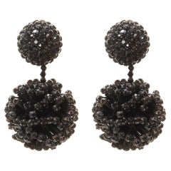 OSCAR DE LA RENTA black beaded crystal double ball drop clip on earrings