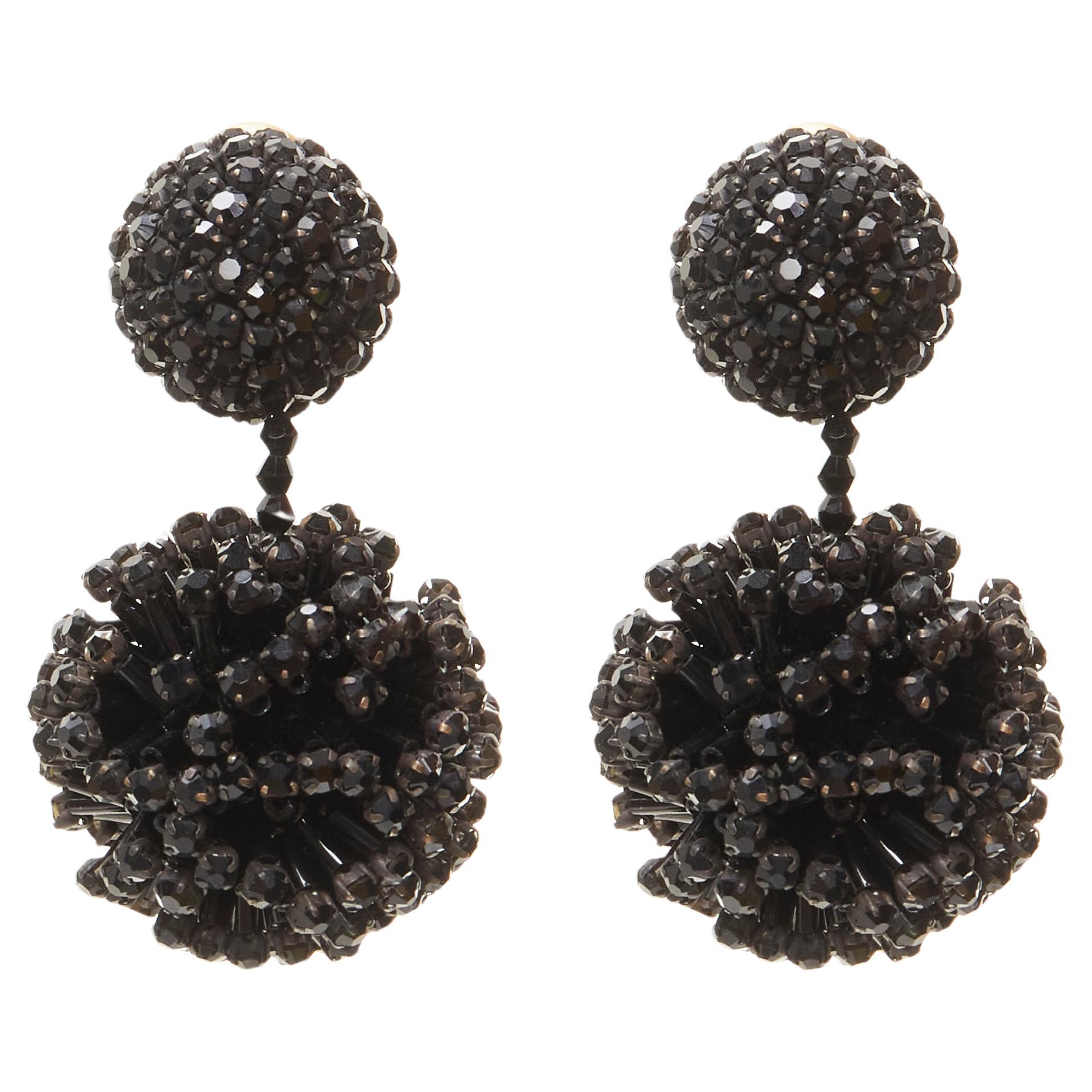 OSCAR DE LA RENTA black beaded crystal double ball drop clip on earrings For Sale