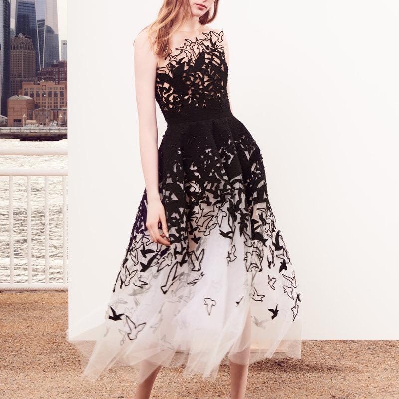 Oscar de la Renta Schwarzes, weißes, Vogel-weißes Tüllkleid (Grau) im Angebot