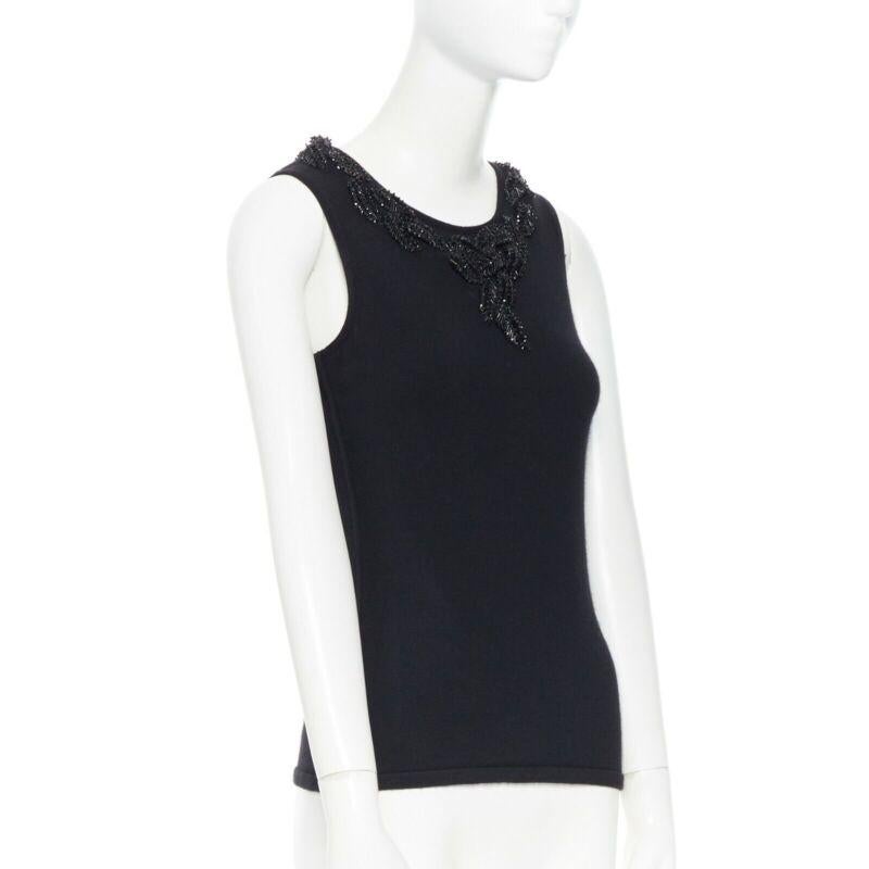 Black OSCAR DE LA RENTA black cashmere sequin bead leaf embroider applique vest top XS For Sale