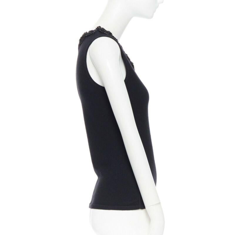 Women's OSCAR DE LA RENTA black cashmere sequin bead leaf embroider applique vest top XS For Sale
