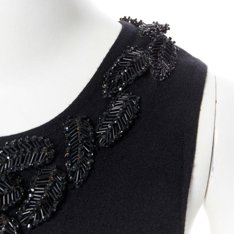 OSCAR DE LA RENTA black cashmere sequin bead leaf embroider applique vest top XS For Sale 3