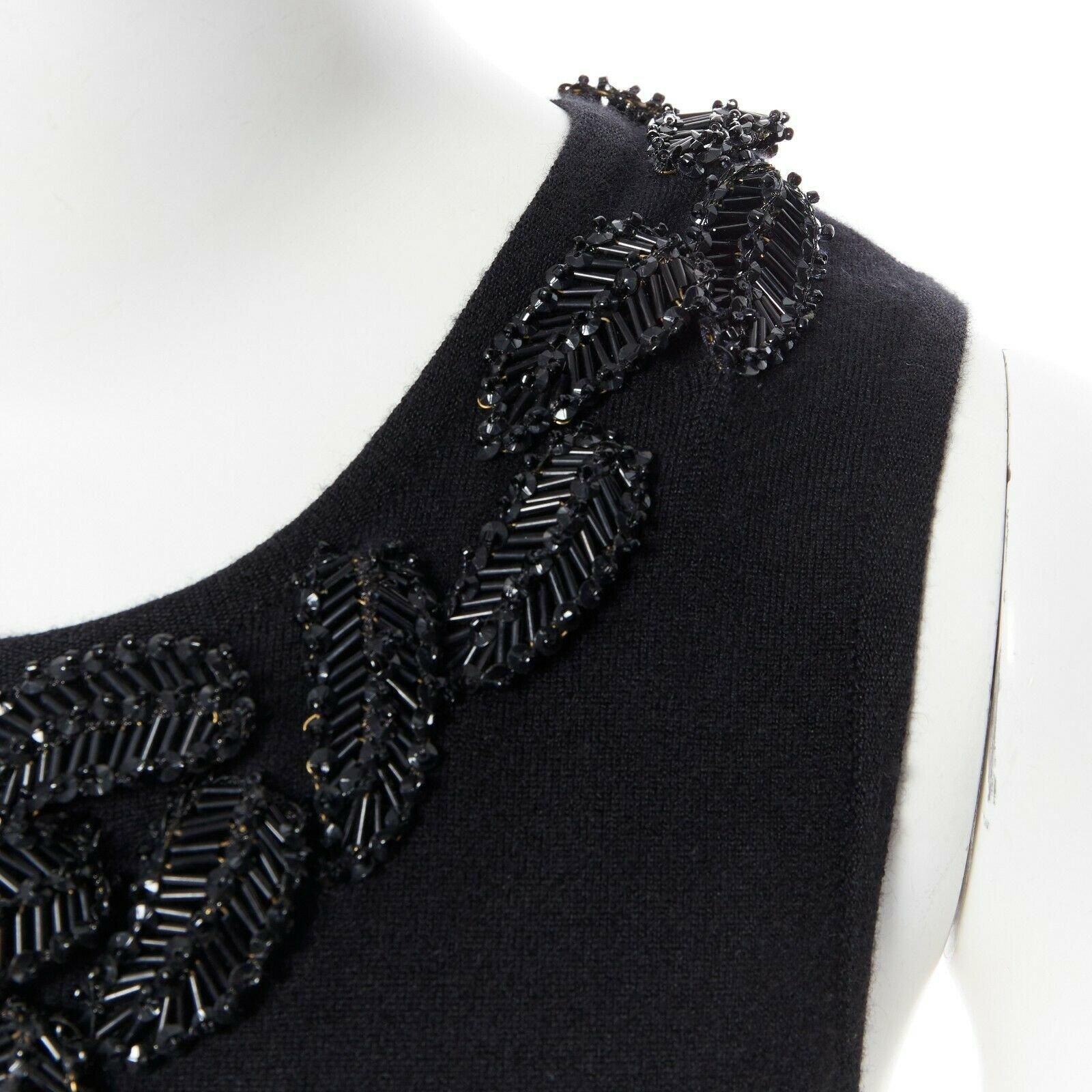 OSCAR DE LA RENTA black cashmere sequin bead leaf embroider applique vest top XS 4