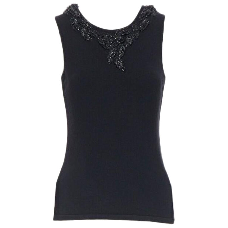 OSCAR DE LA RENTA black cashmere sequin bead leaf embroider applique vest top XS