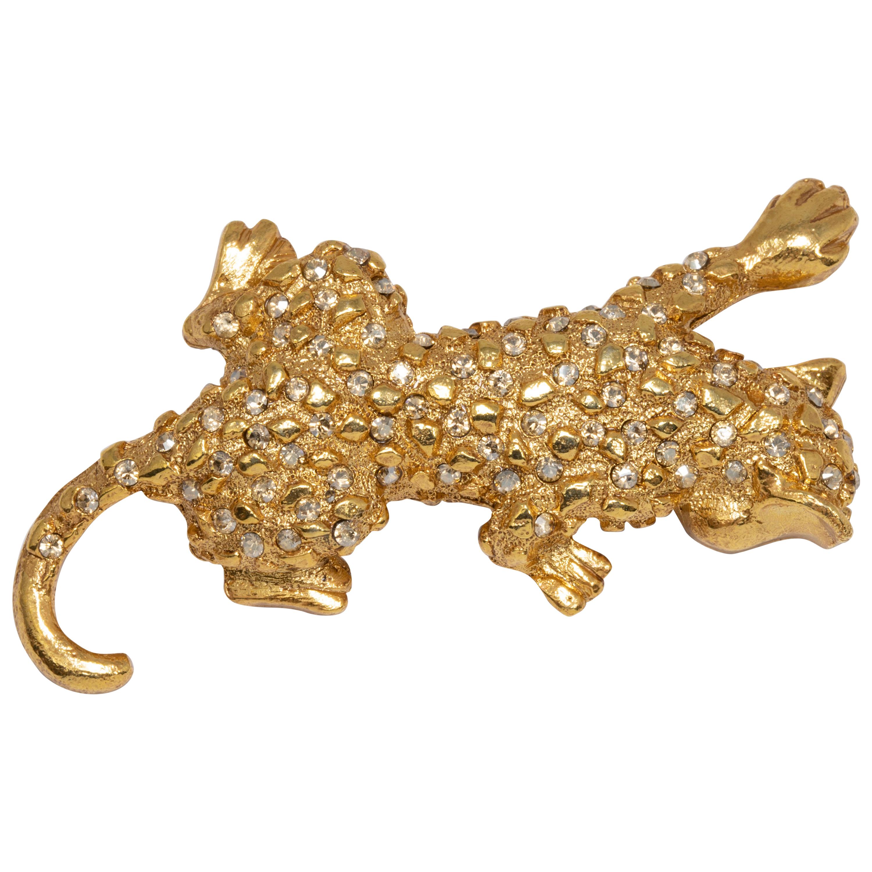Leopard Pin Brooch Large Gold Tone with Chocolate Brown and Black Crystals 2.44" 