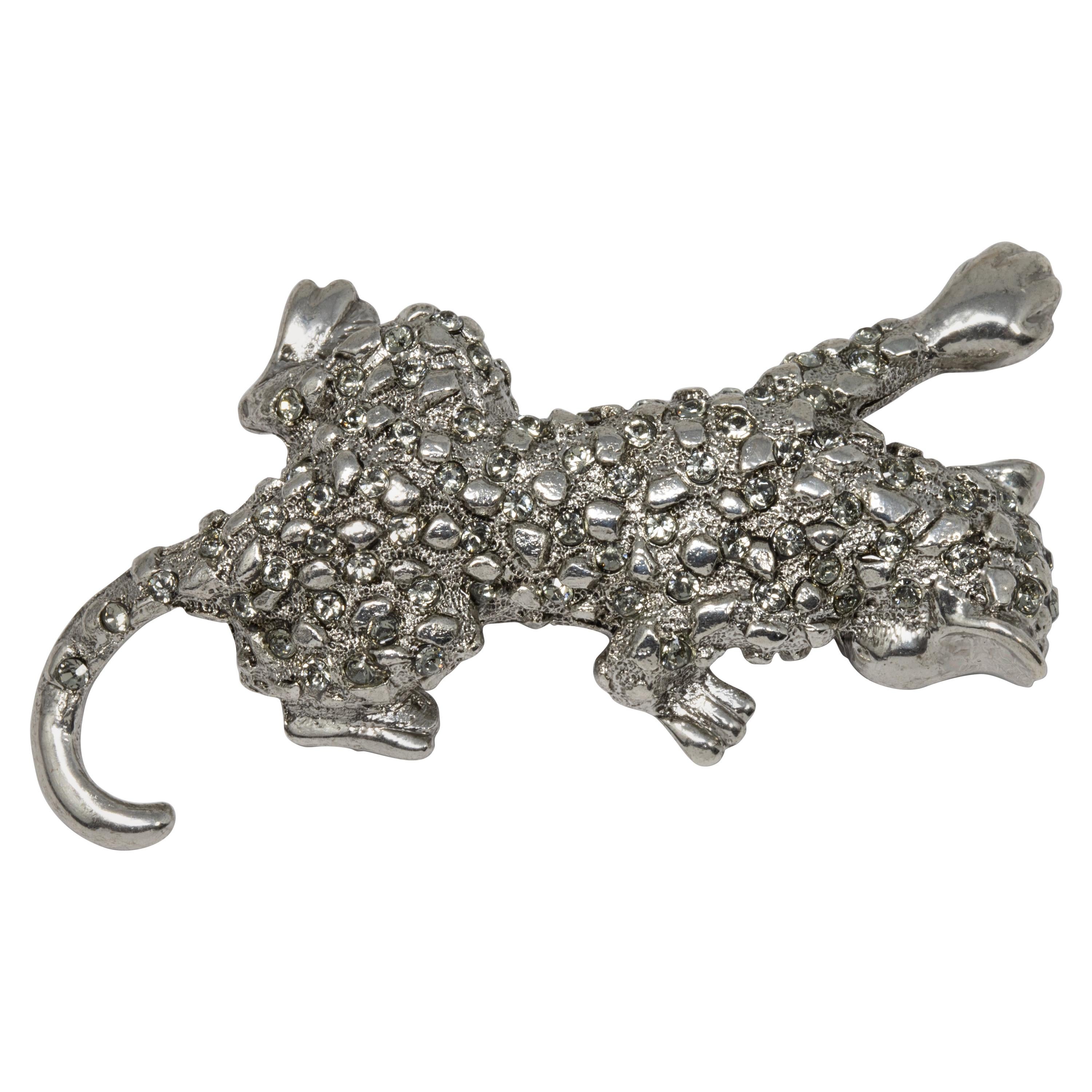 Oscar de la Renta Swarovski Crystal Leopard Brooch Pin, Silvertone For Sale