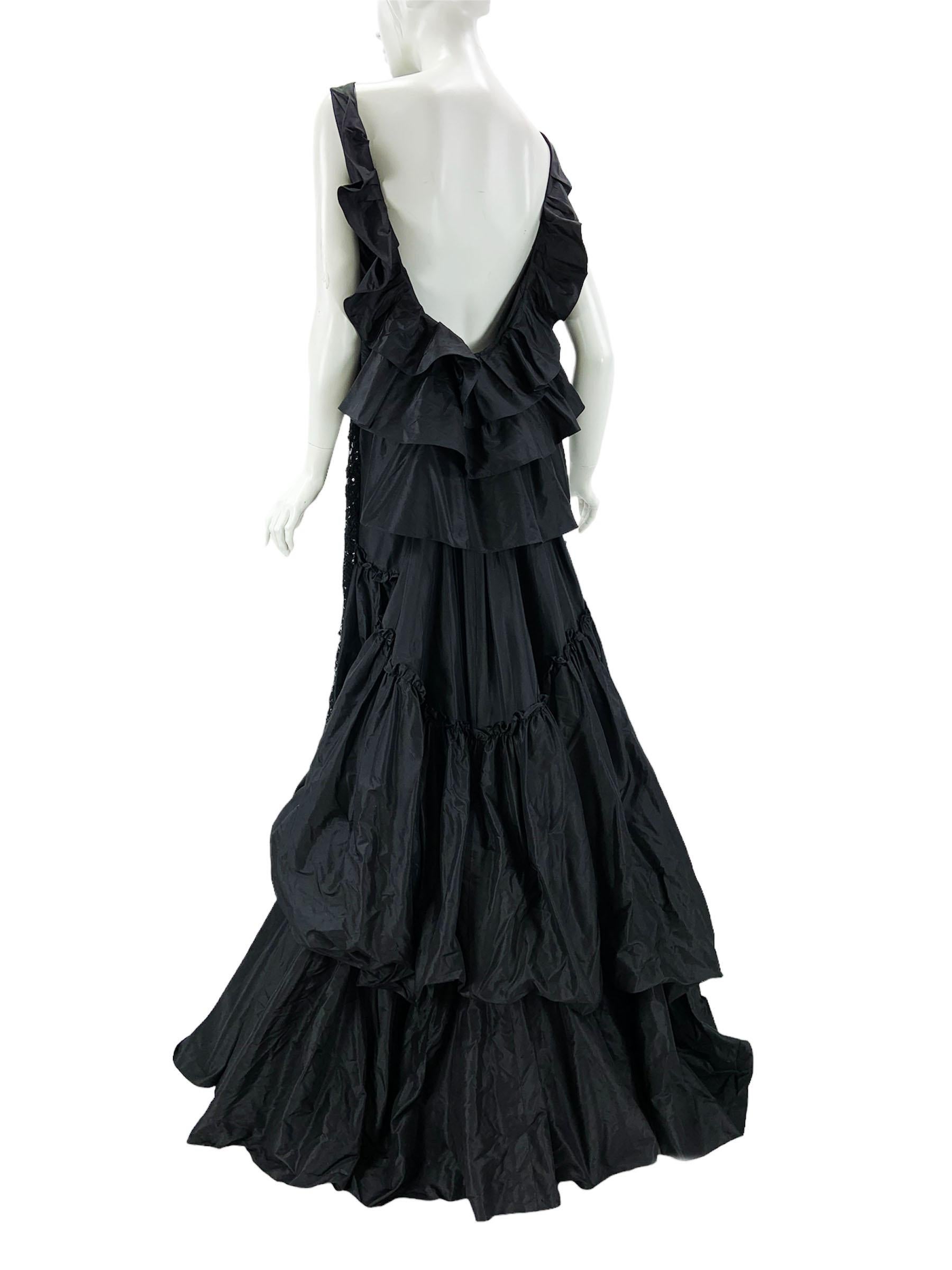 Women's Oscar de la Renta Black Embellished Lace Taffeta Silk Gown Dress US 6 For Sale