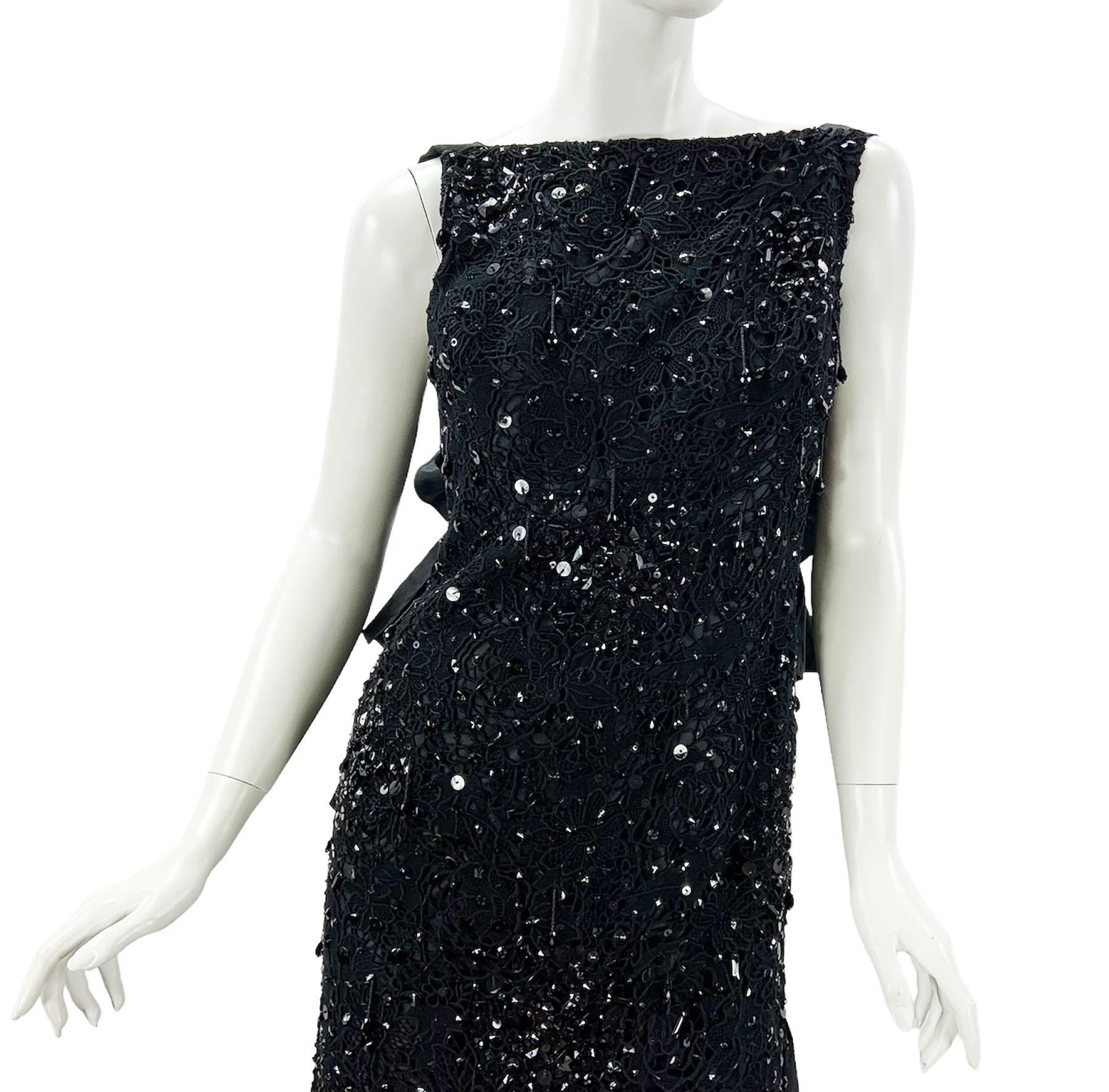 Oscar de la Renta Black Embellished Lace Taffeta Silk Gown Dress US 6 For Sale 2