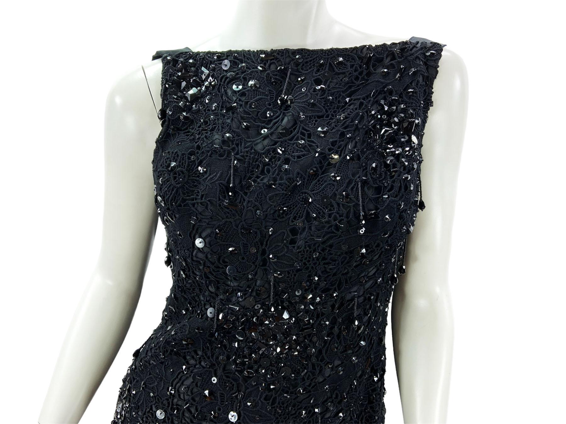 Oscar de la Renta Black Embellished Lace Taffeta Silk Gown Dress US 6 For Sale 3