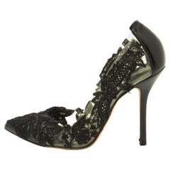 Oscar de la Renta Black Embroidery Patent Leather and PVC Toe Pumps Size 36.5