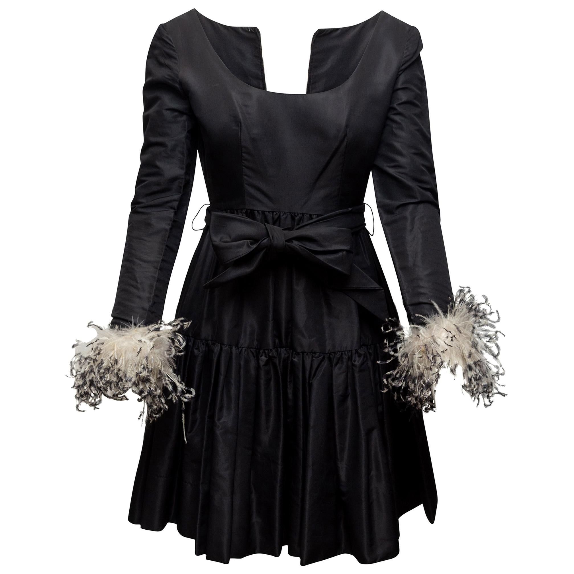 Oscar de la Renta Black Feather-Trimmed Dress
