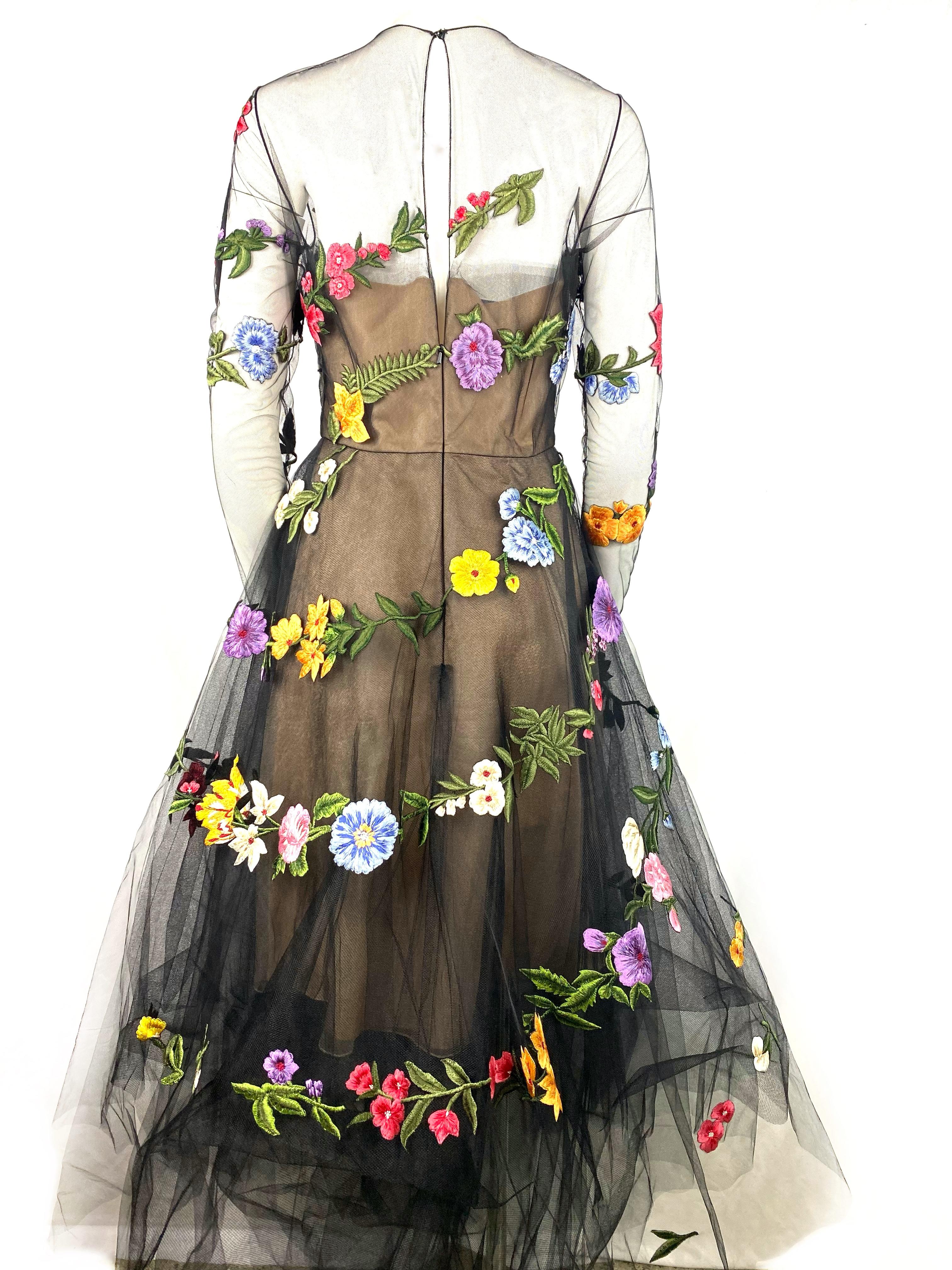 Oscar de la Renta Black Floral Gown Dress, Size 8 1