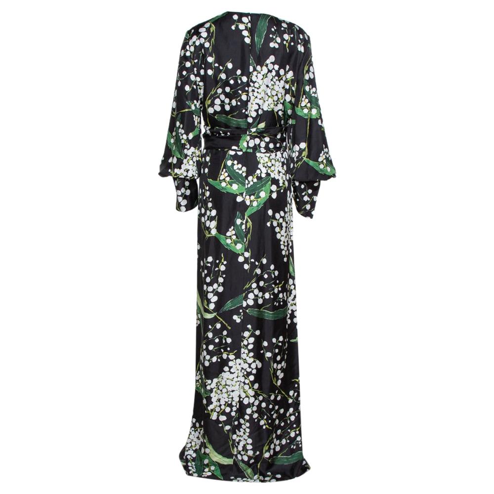 Oscar de la Renta Black Floral Print Silk Draped Maxi Dress L