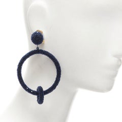 OSCAR DE LA RENTA black fully beaded double hoop drop clip on earrings