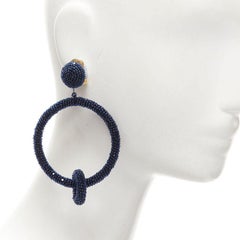 OSCAR DE LA RENTA black fully beaded double hoop drop clip on earrings