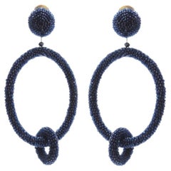 OSCAR DE LA RENTA black fully beaded double hoop drop clip on earrings
