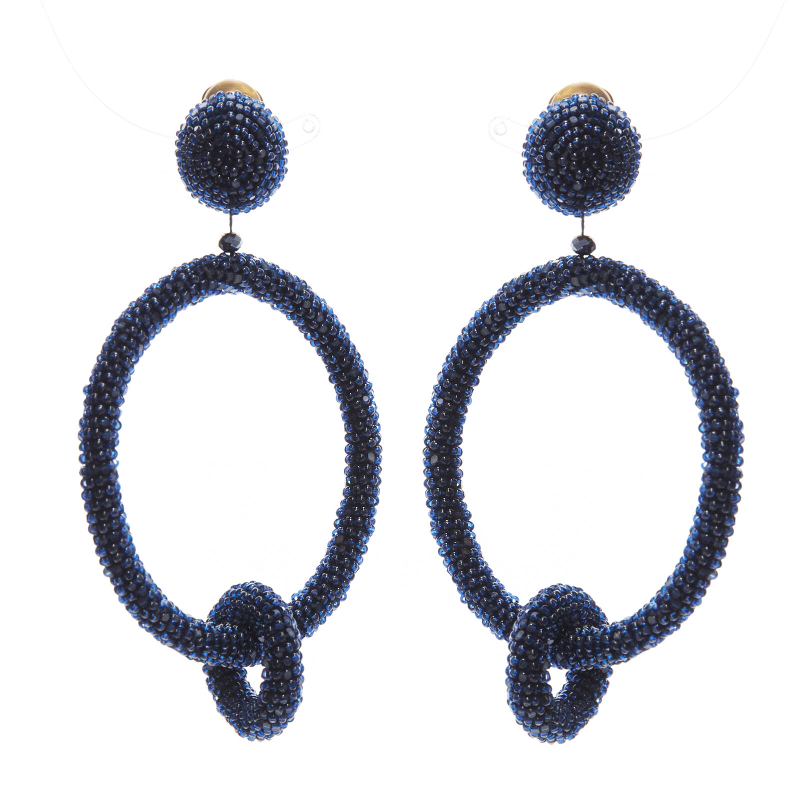OSCAR DE LA RENTA black fully beaded double hoop drop clip on earrings For Sale