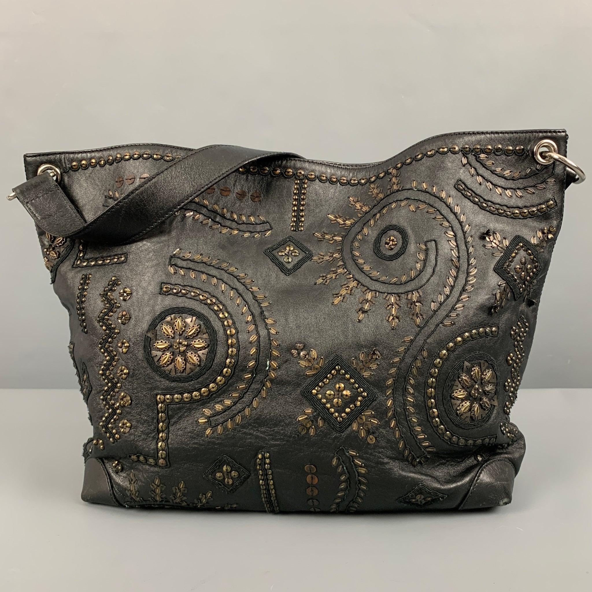 Men's OSCAR DE LA RENTA Black Gold Studded Leather Handbag For Sale