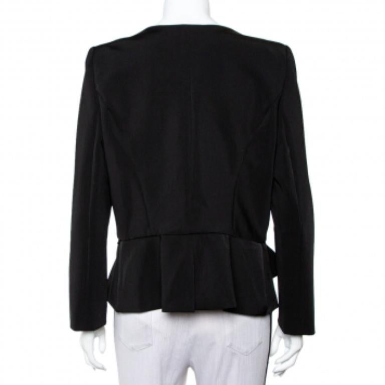 Oscar de la Renta Black Knit Draped Detail Collarless Button Front Blazer XL For Sale 1