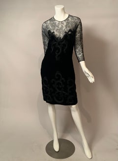 Oscar de la Renta Black Lace and Soutache Trimmed Velvet Dress