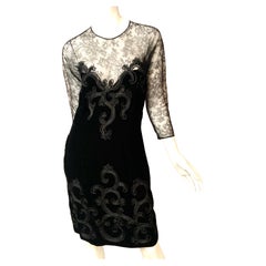 Oscar De la Renta - Vestito in velluto nero con pizzo e soutache