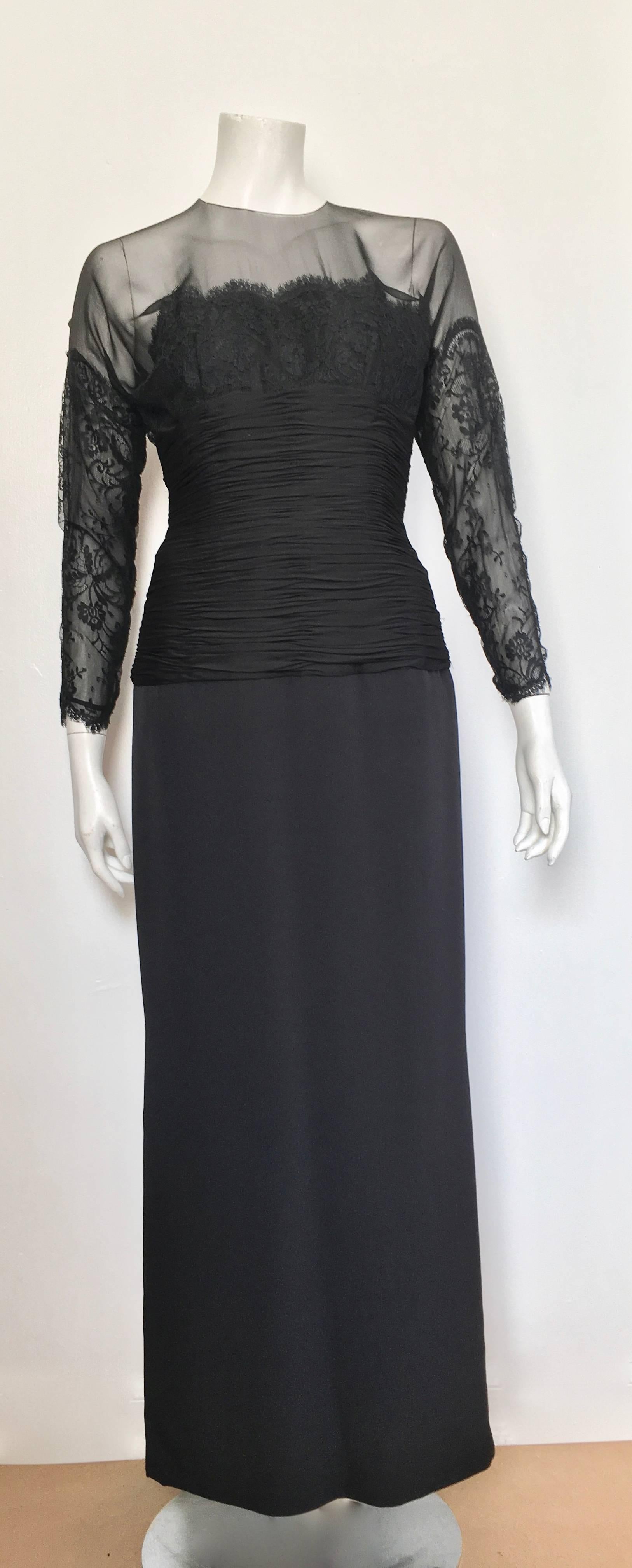 Oscar de la Renta 1990s black lace silk bodice with ruching at waistline evening gown is a size 6. This evening gown is red carpet ready and hungry for an invitation to party. Every detail is simply stunning because Oscar de la Renta was a master of