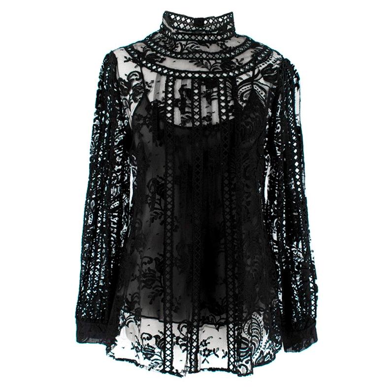 Oscar de la Renta Black Lace Long Sleeve High Neck Blouse - Size US 8 For Sale