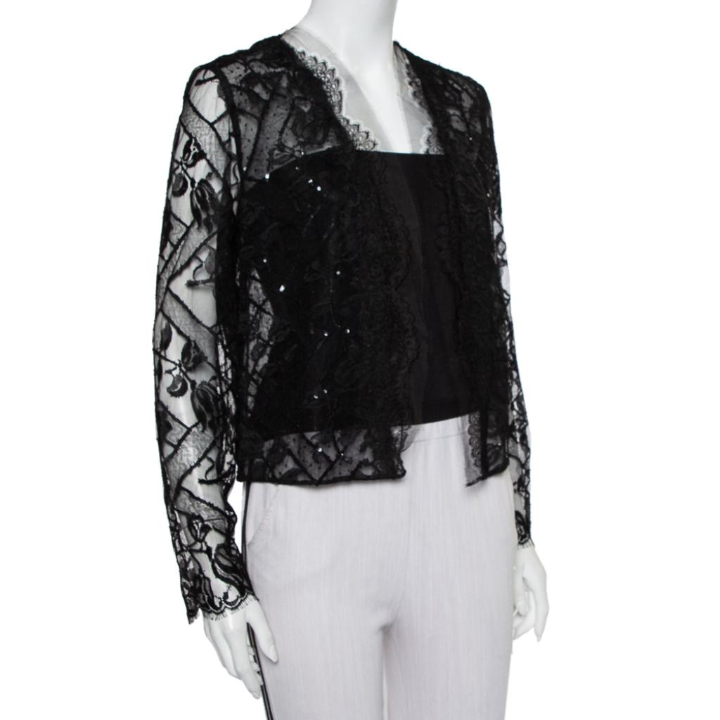 Oscar de la Renta Black Lace & Tulle Sequin Embellished Open Front Shrug M In New Condition In Dubai, Al Qouz 2