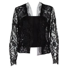 Oscar de la Renta Black Lace & Tulle Sequin Embellished Open Front Shrug M