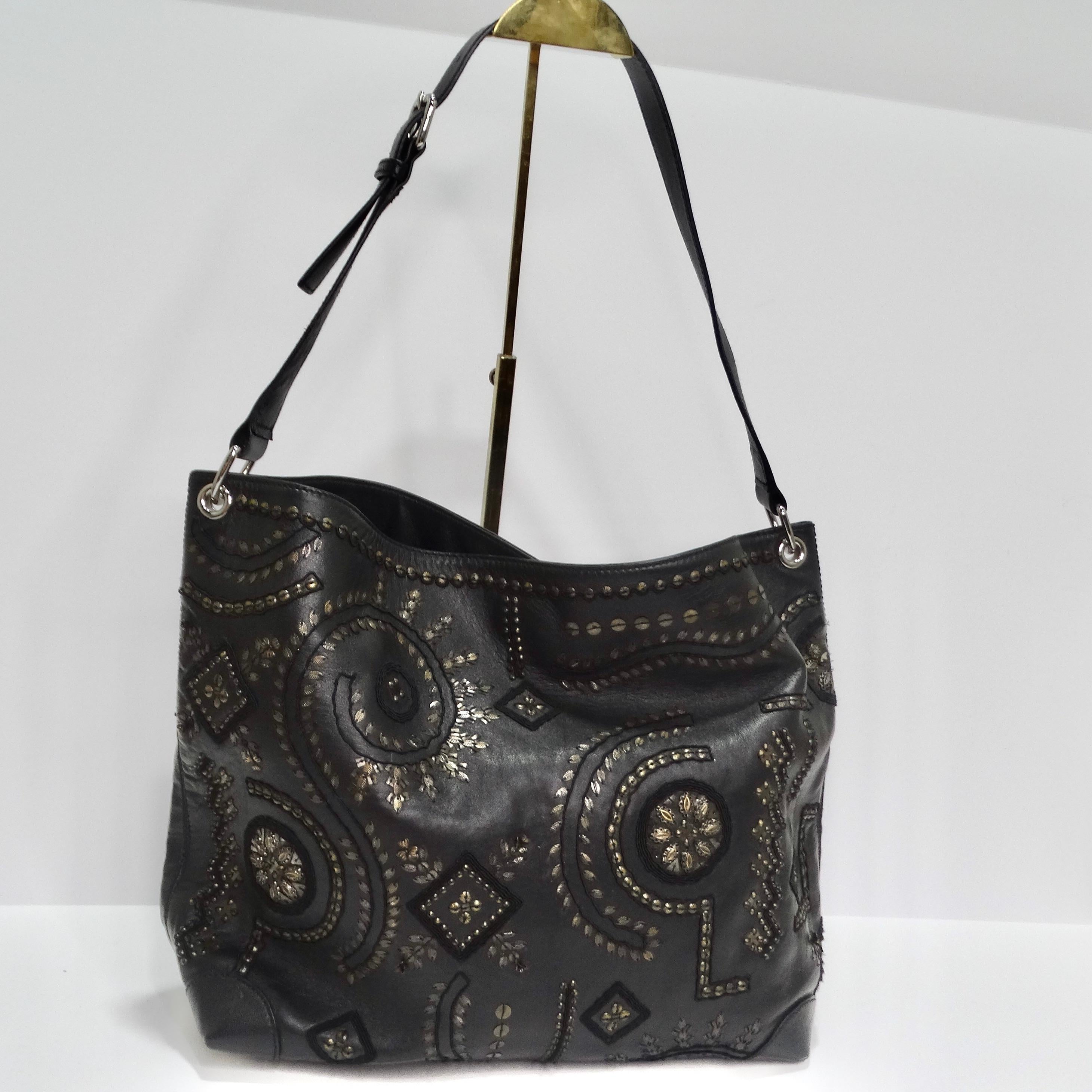Women's or Men's Oscar De La Renta Black Leather Embellished Tote Bag For Sale