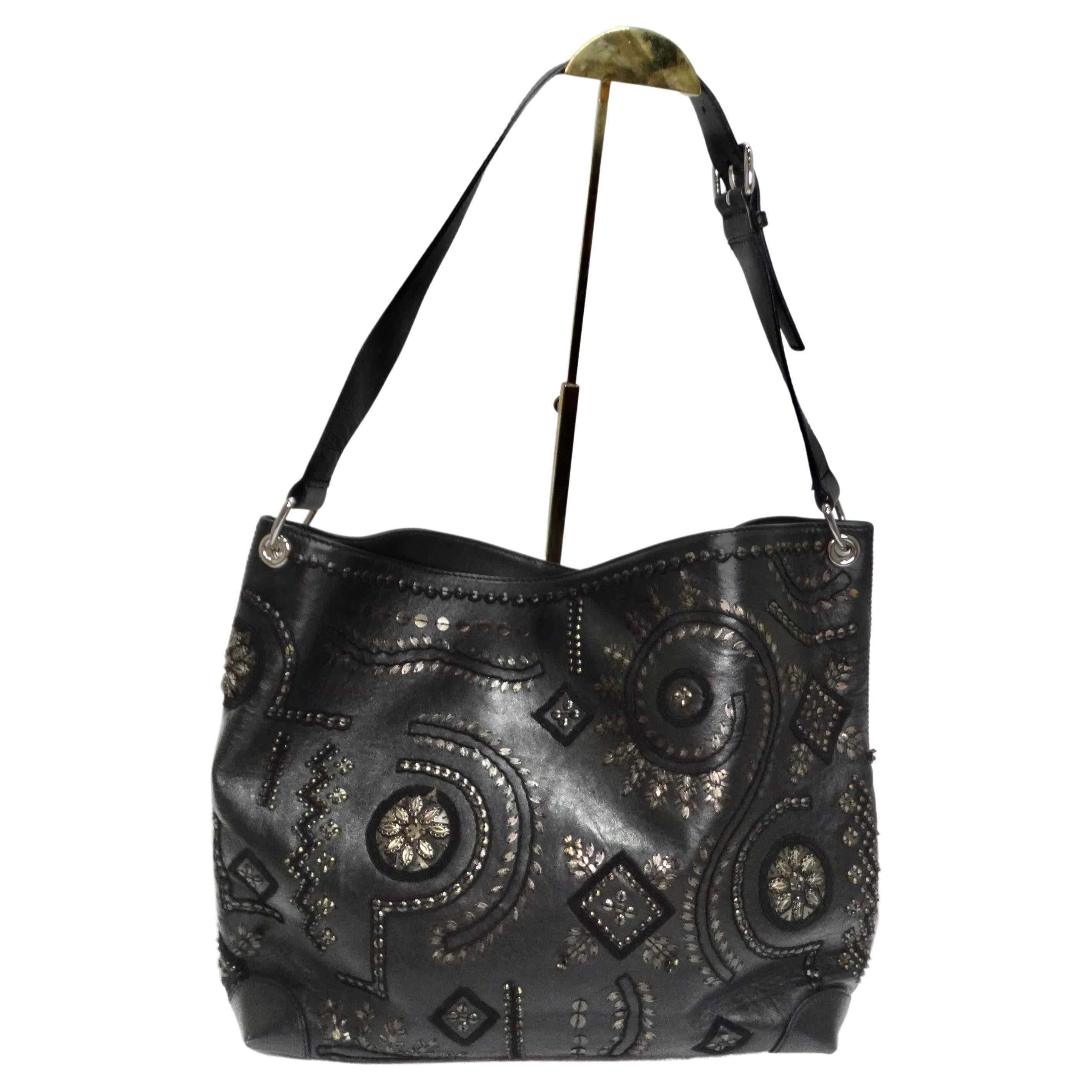 Oscar De La Renta Black Leather Embellished Tote Bag For Sale