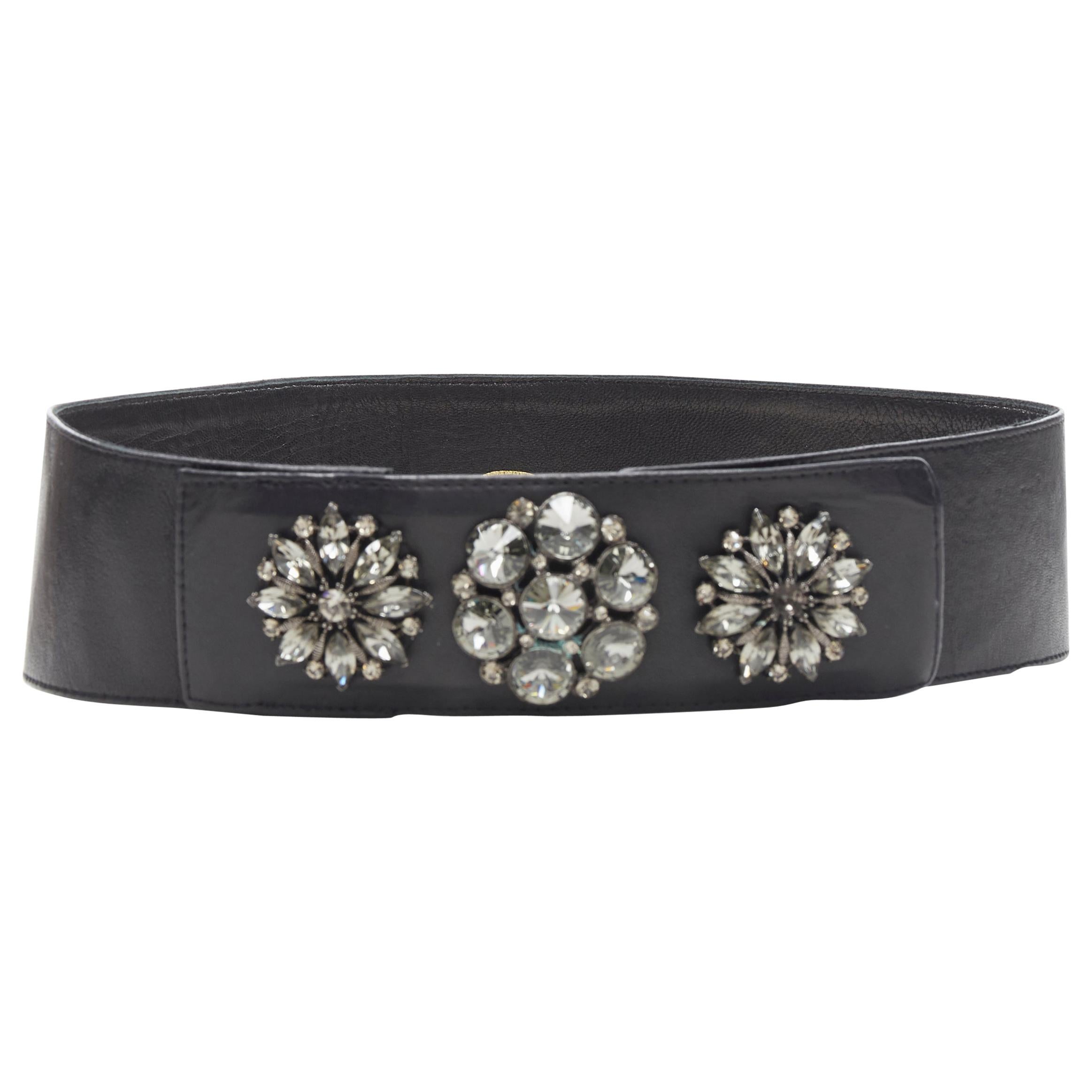 OSCAR DE LA RENTA black leather strass crystal jewel embellished belt S  27"
