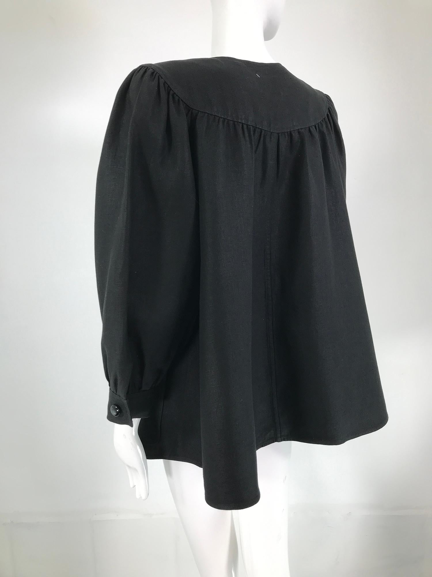 Oscar de la Renta Black Linen Button Front Full Sleeve Hip Pocket Jacket 1980s For Sale 7