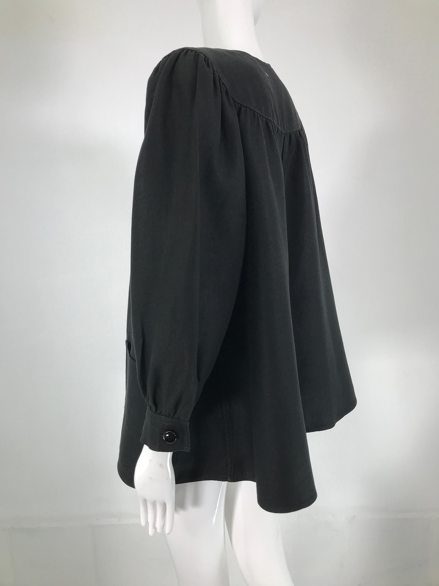 Oscar de la Renta Black Linen Button Front Full Sleeve Hip Pocket Jacket 1980s For Sale 8