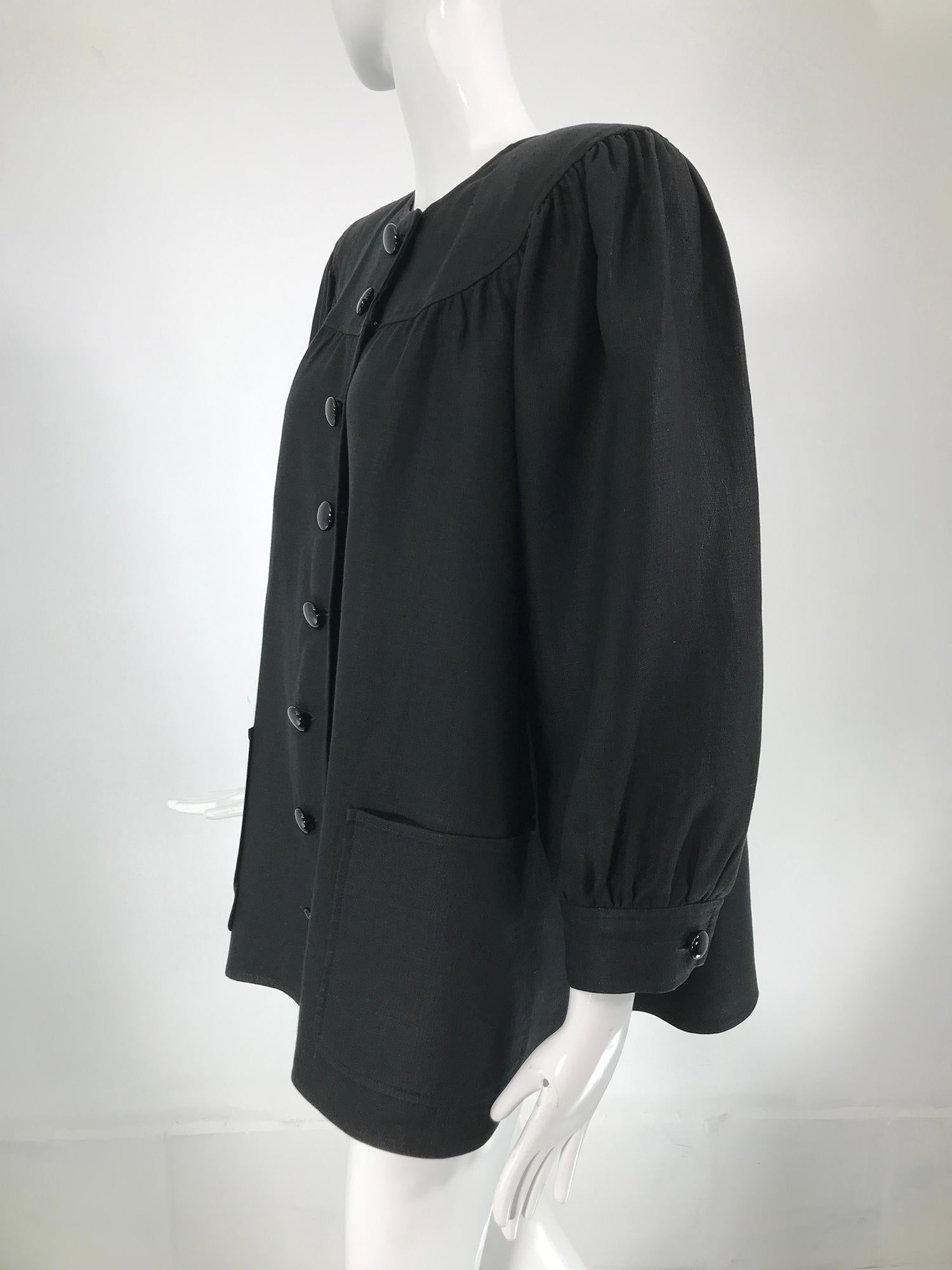 Oscar De La Renta - Giacca in lino nera con bottoni e manica intera - anni '80 in vendita 9