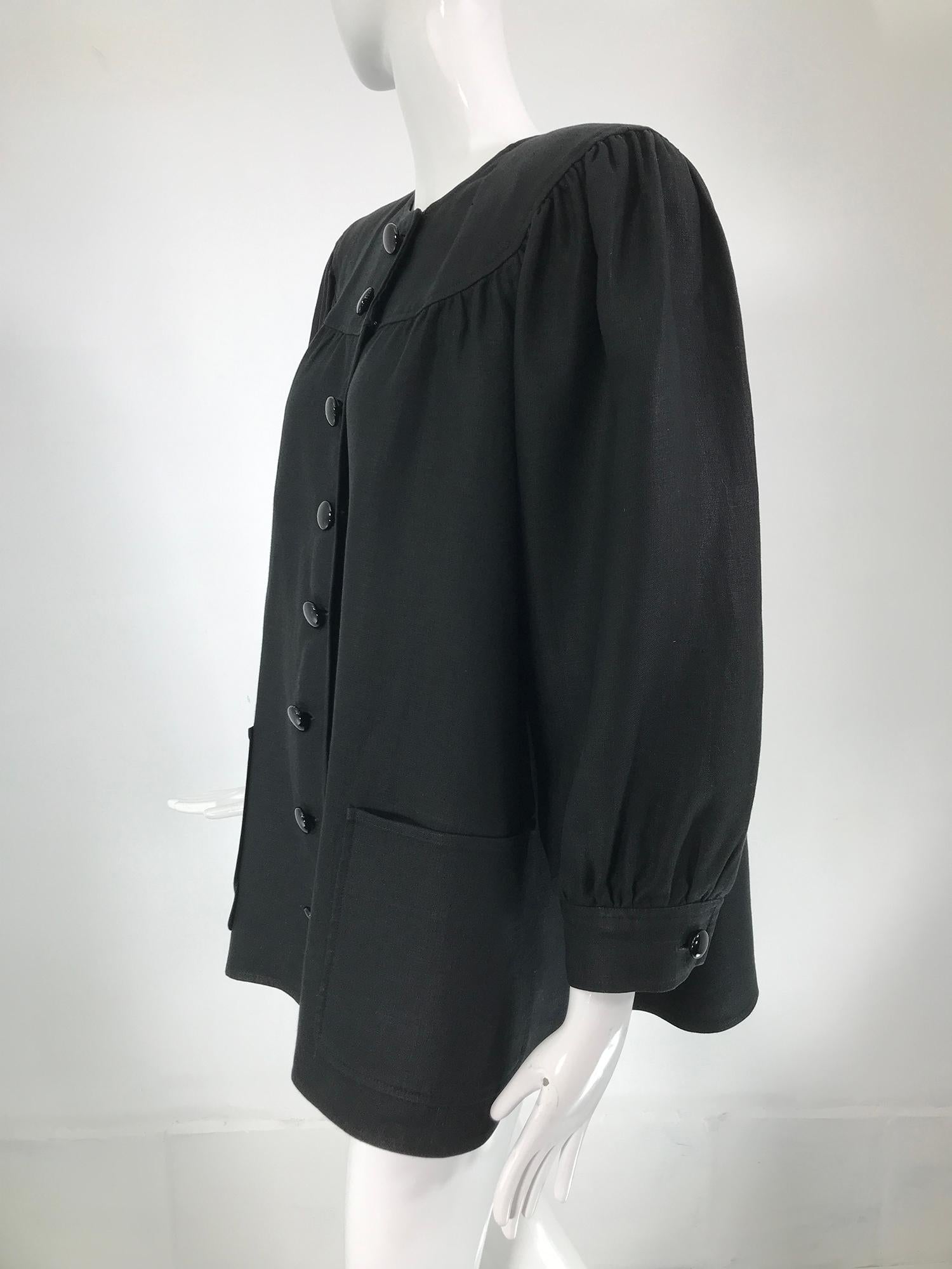 Oscar de la Renta Schwarze Leinenjacke mit vollen Ärmeln und Knopfleiste 1980er im Angebot 10