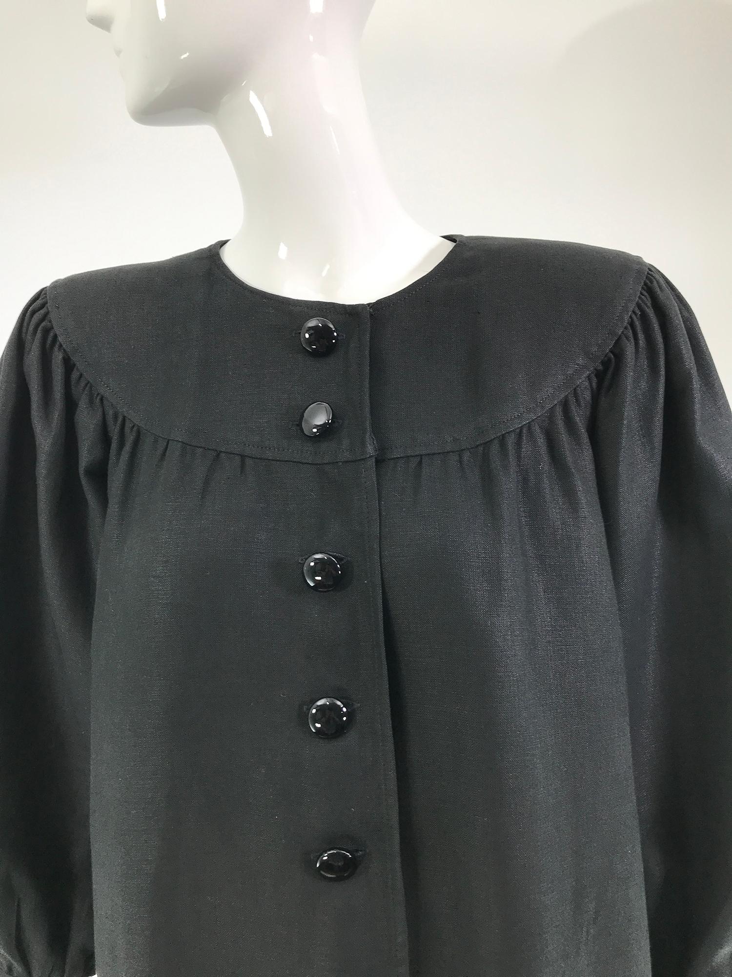 Oscar de la Renta Schwarze Leinenjacke mit vollen Ärmeln und Knopfleiste 1980er im Angebot 11