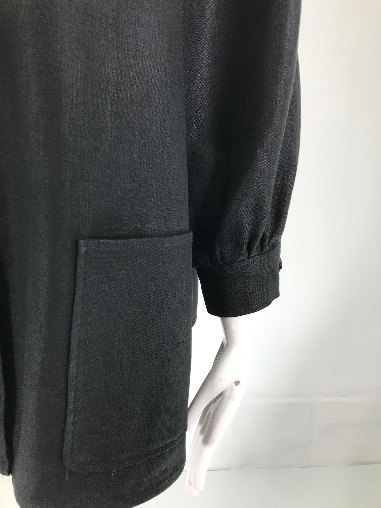 Oscar de la Renta Black Linen Button Front Full Sleeve Hip Pocket Jacket 1980s For Sale 12