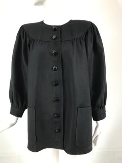 Oscar de la Renta Black Linen Button Front Full Sleeve Hip Pocket Jacket 1980s