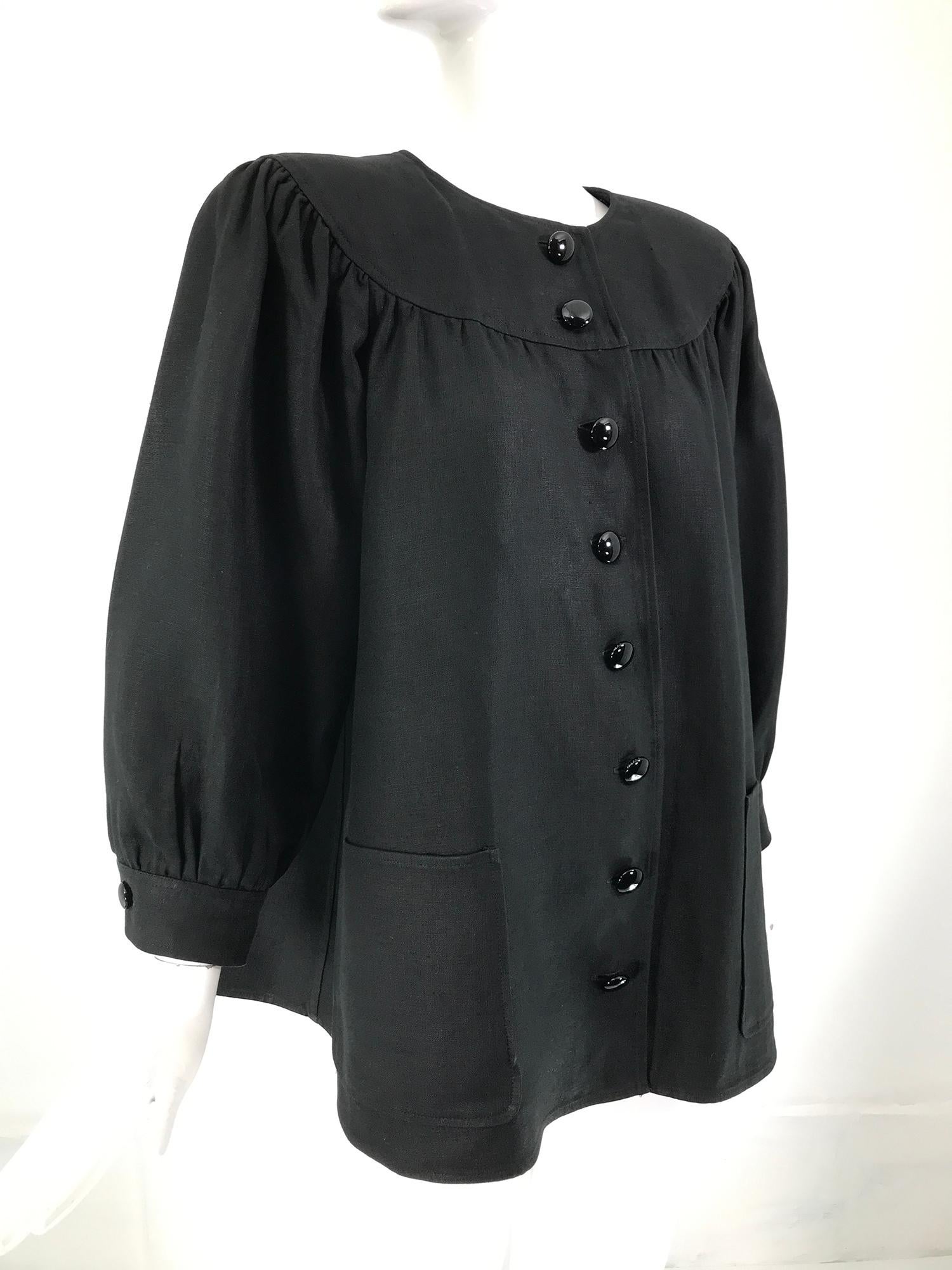 Oscar de la Renta Black Linen Button Front Full Sleeve Hip Pocket Jacket 1980s In Good Condition For Sale In West Palm Beach, FL