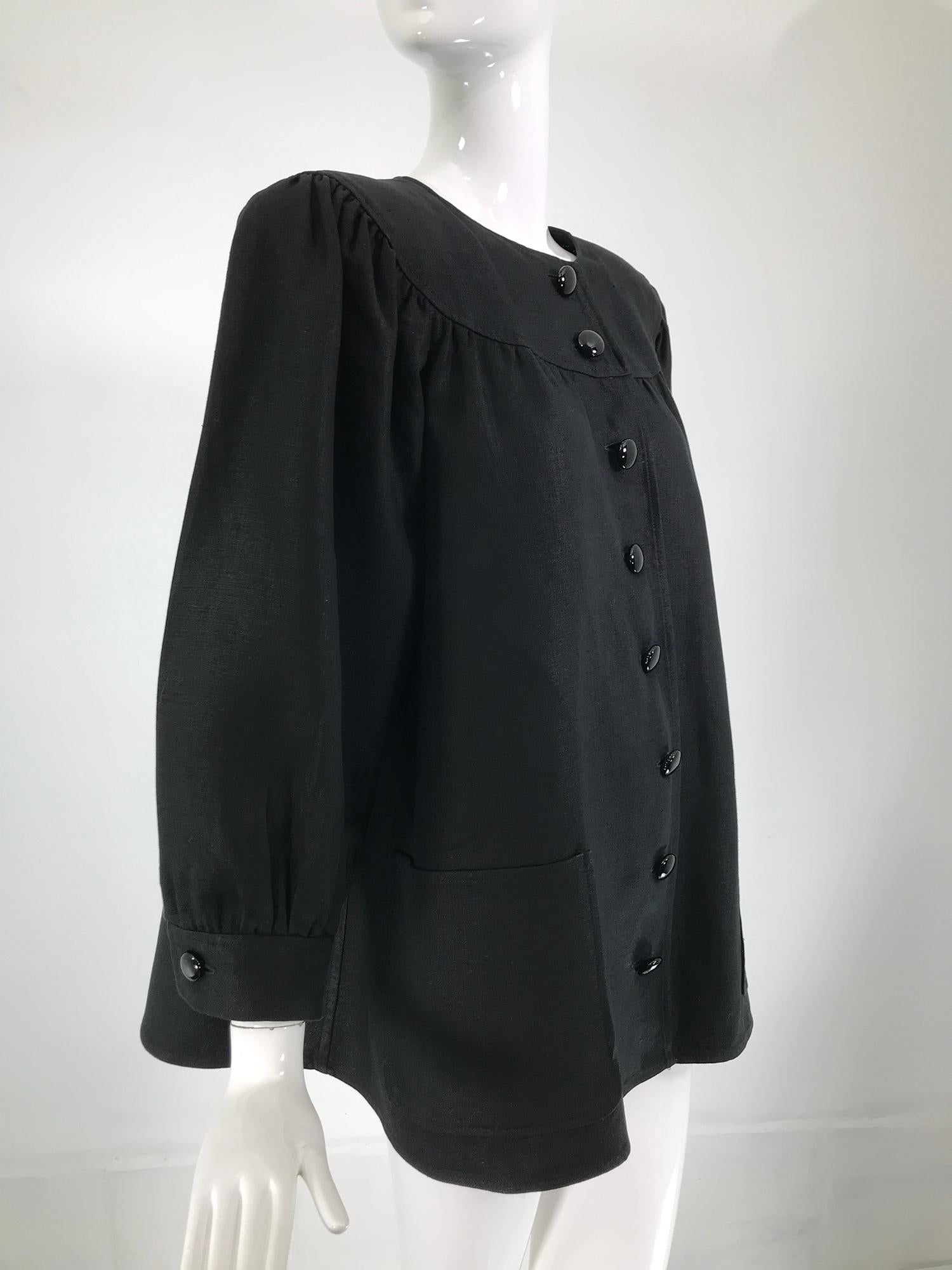 Women's Oscar de la Renta Black Linen Button Front Full Sleeve Hip Pocket Jacket 1980s For Sale