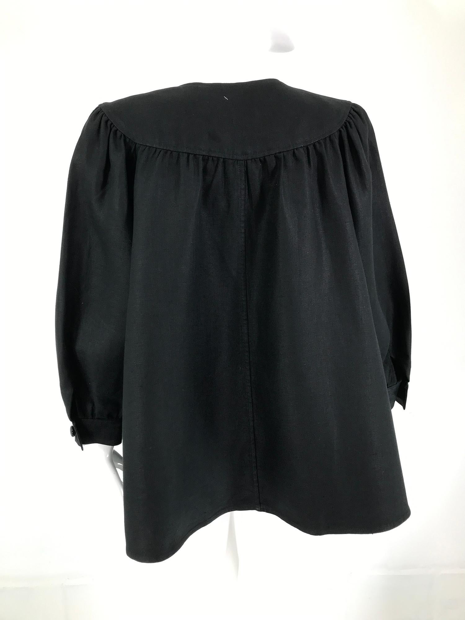 Oscar de la Renta Black Linen Button Front Full Sleeve Hip Pocket Jacket 1980s For Sale 5