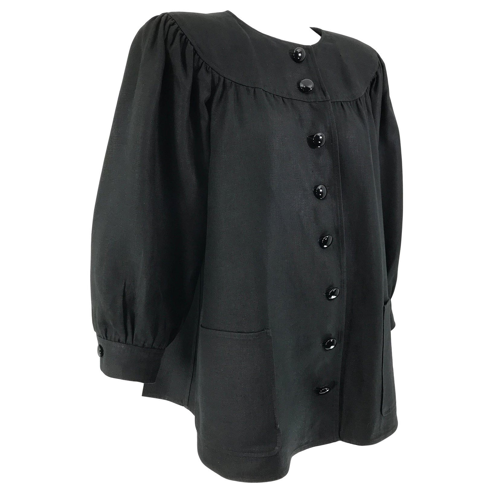 Oscar de la Renta - Veste en lin noir à manches longues avec boutons sur le devant et poches latérales, années 1980