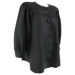 Oscar de la Renta Black Linen Button Front Full Sleeve Hip Pocket Jacket 1980s