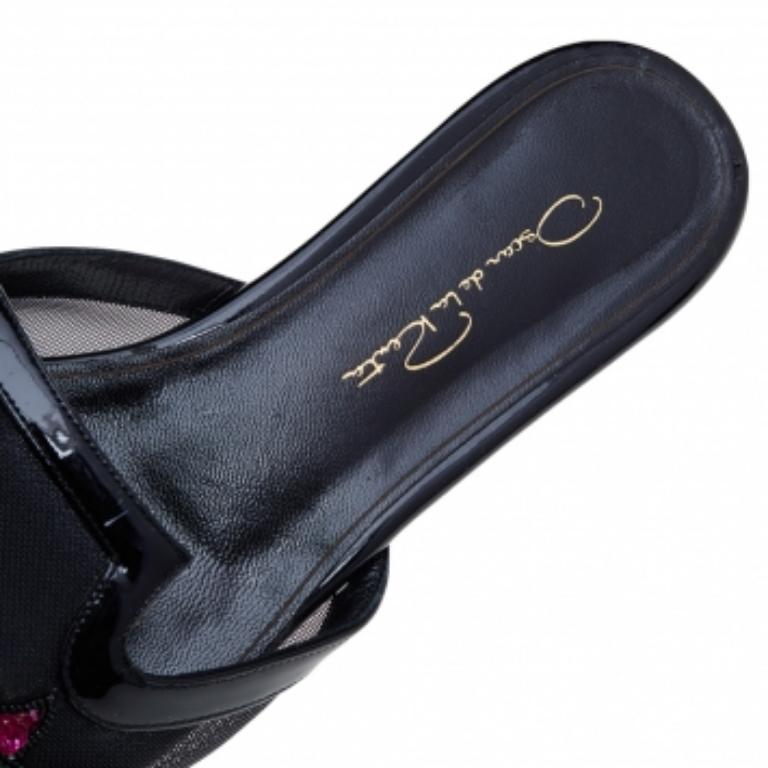 Oscar de la Renta Black Mesh And Patent Leather Embellished Flat Mules Size 37.5 1